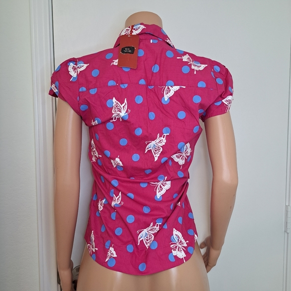 Dead Threads Womens M Shirt Pink Blue Polka Dots Butterfly Girly Button Down - Picture 9 of 11